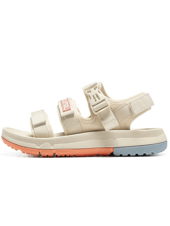 Beige thick bottom breathable beach sandal for women with durable polyester, anti-slip sole, hook & loop closure, and leather accents.